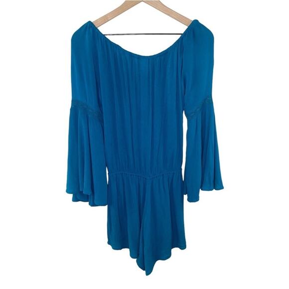 L*Space Mediterranean Spirt Teal Off The Shoulder Split Bell Sleeve Romper Sz S - Picture 5 of 9